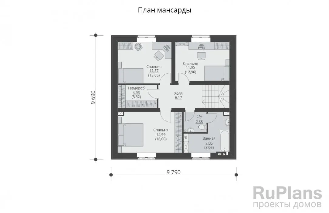 Проект дома с мансардой 129 м², 9,7 × 9,8 м — Мансарда