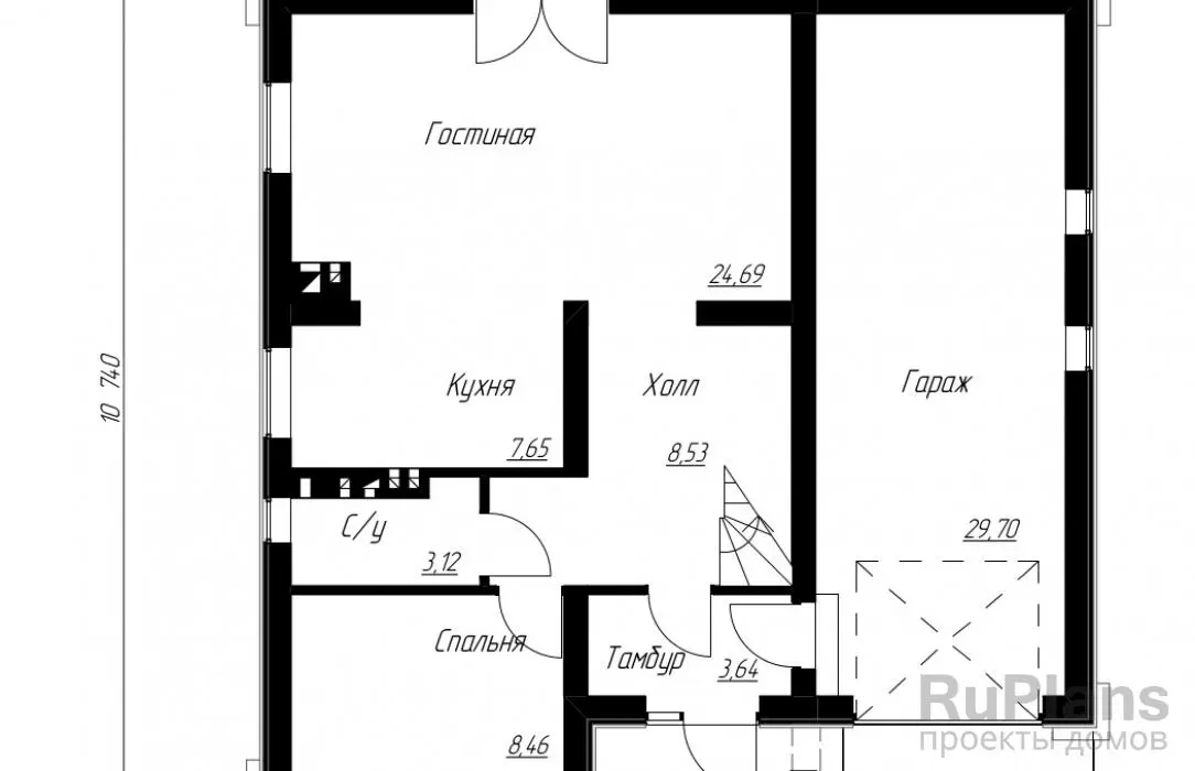 Проект дома с мансардой 130 м², 10,9 × 10,7 м — Первый этаж