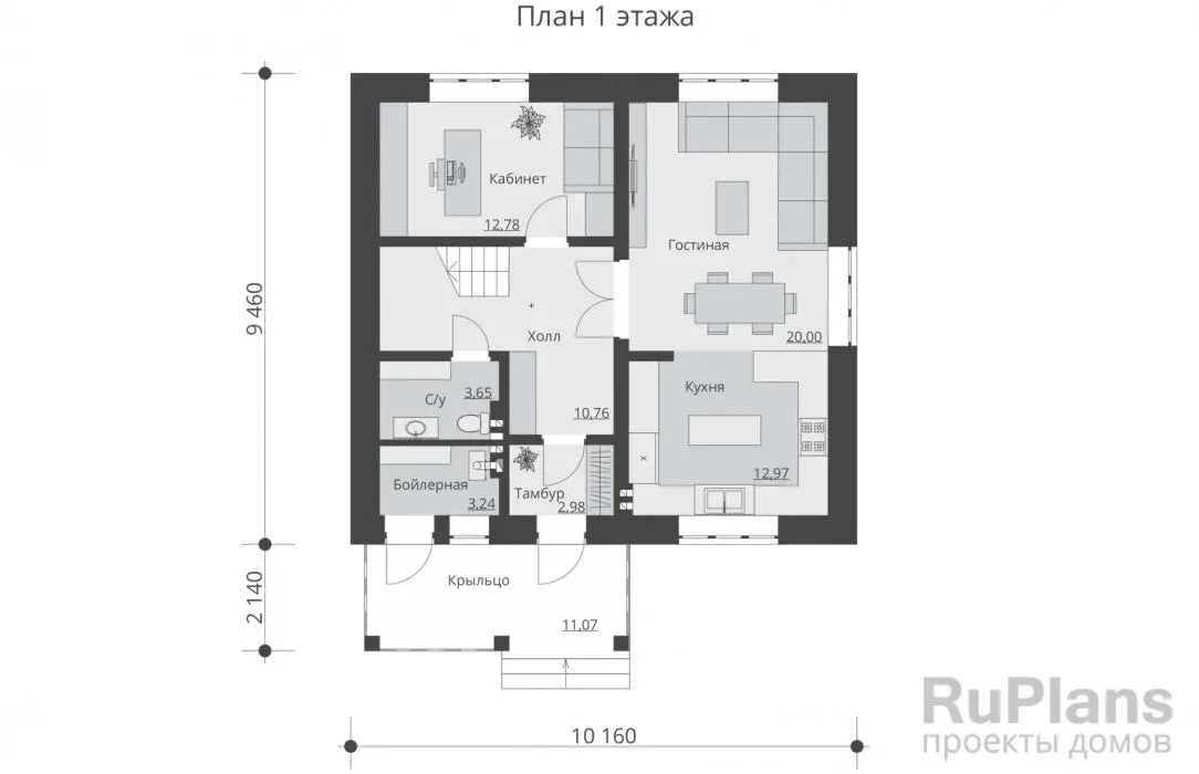 Проект дома с мансардой 130 м², 11,6 × 10,2 м — Первый этаж