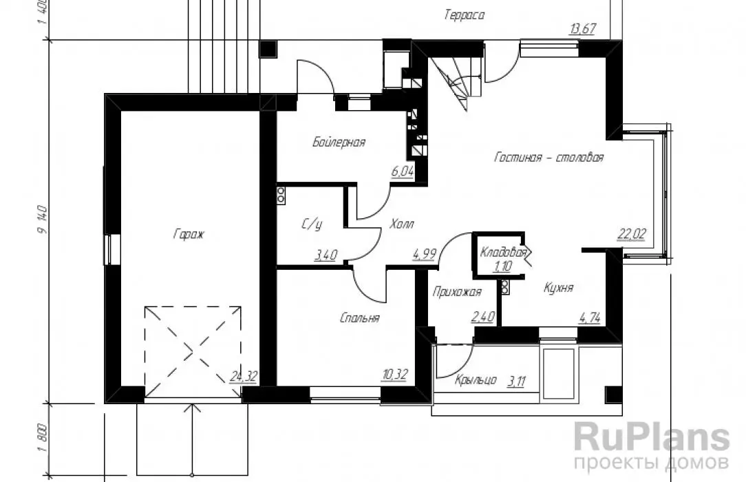 Проект дома с мансардой 131 м², 9,1 × 14,2 м — Первый этаж