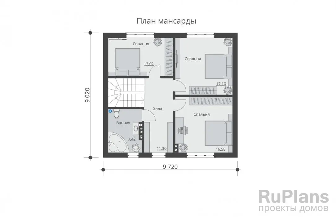 Проект дома с мансардой 131 м², 11 × 9,7 м — Мансарда