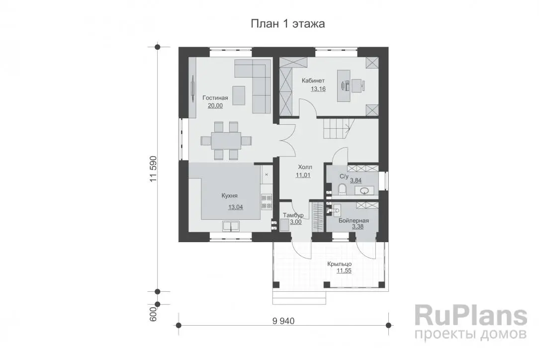 Проект дома с мансардой 132 м², 9,9 × 11,6 м — Первый этаж