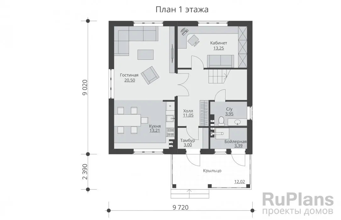 Проект дома с мансардой 134 м², 9 × 9,7 м — Первый этаж