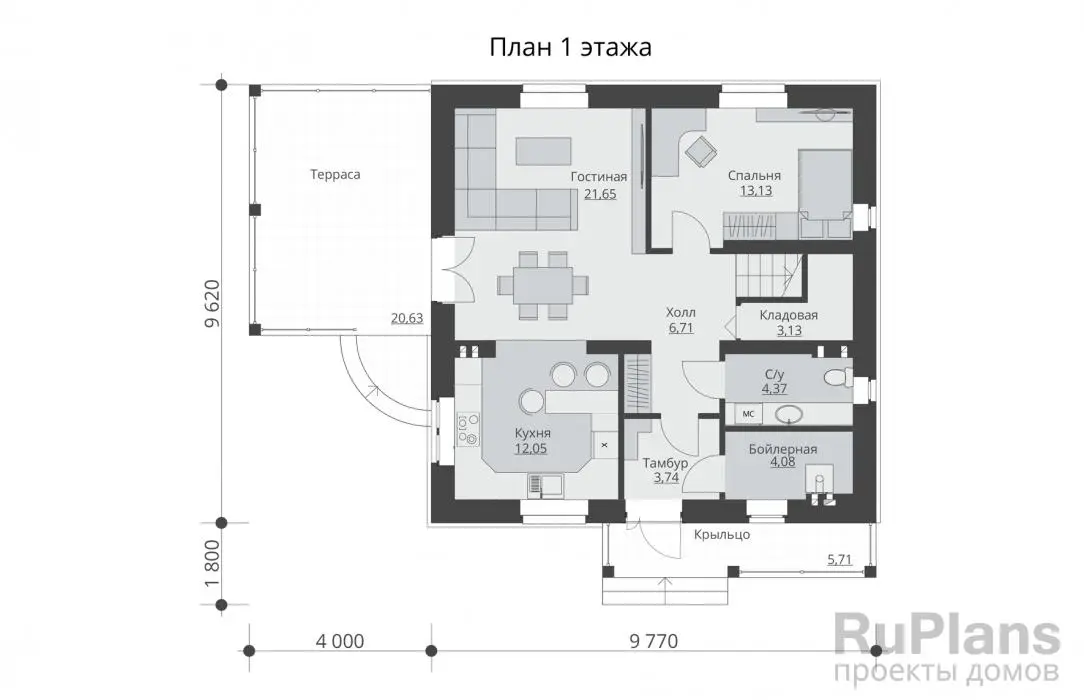 Проект дома с мансардой 136 м², 9,6 × 9,8 м — Первый этаж