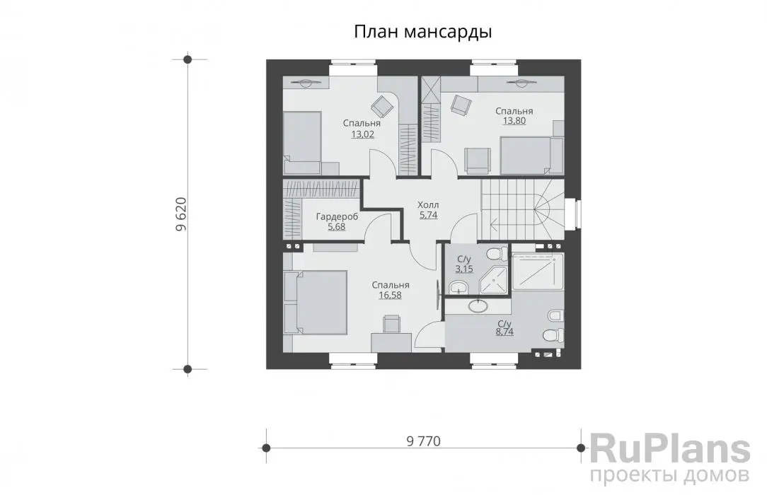 Проект дома с мансардой 136 м², 9,6 × 9,8 м — Второй этаж