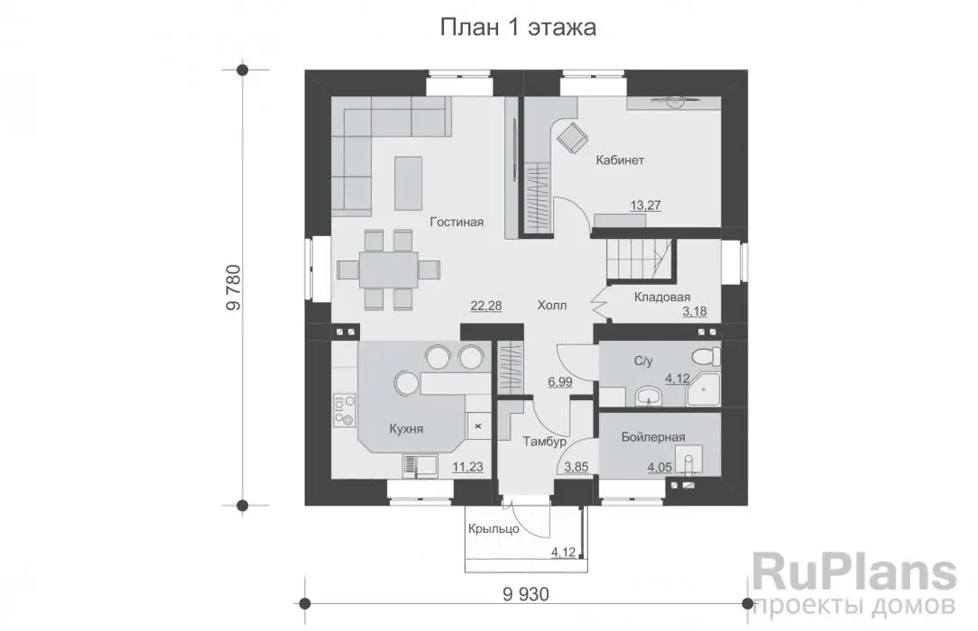 Проект дома с мансардой 136 м², 9,9 × 9,8 м — Первый этаж