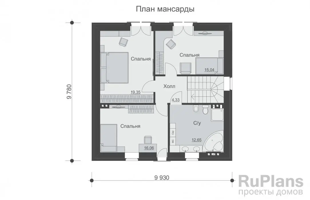 Проект дома с мансардой 136 м², 9,9 × 9,8 м — Мансарда