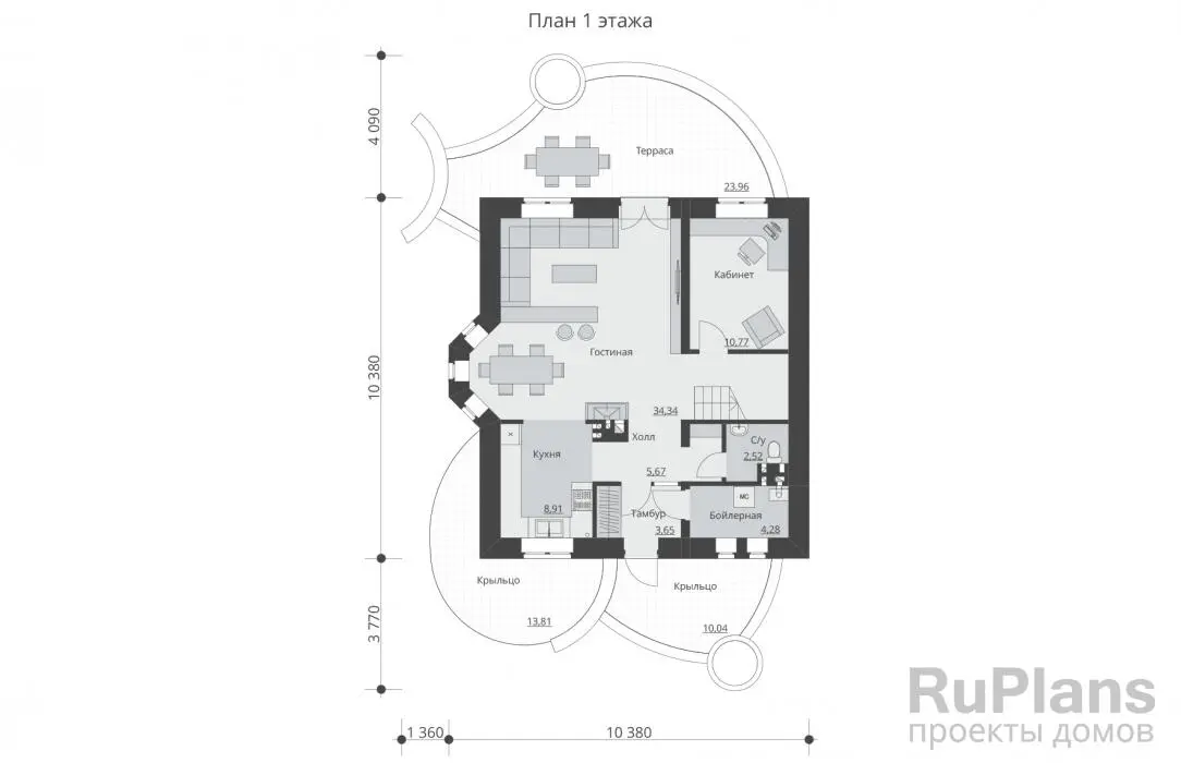 Проект дома с мансардой 139 м², 10,4 × 10,4 м — Первый этаж