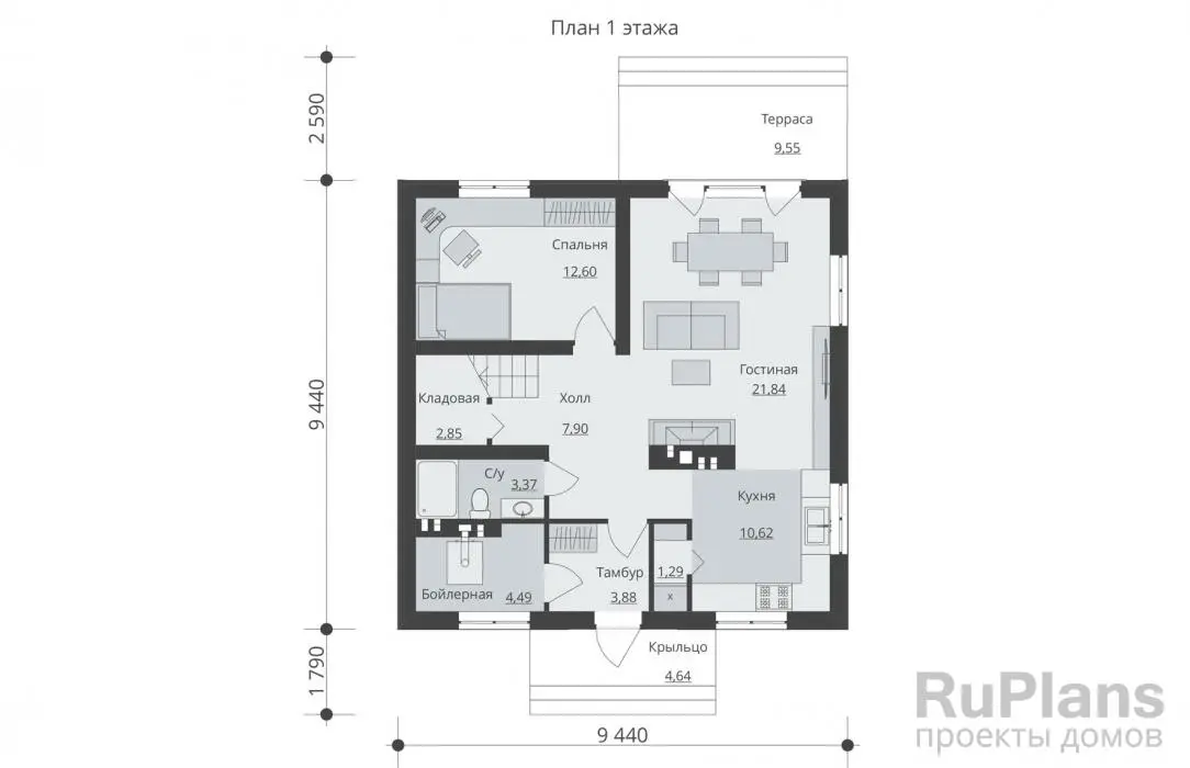 Проект дома с мансардой 140 м², 9,4 × 9,4 м — Первый этаж