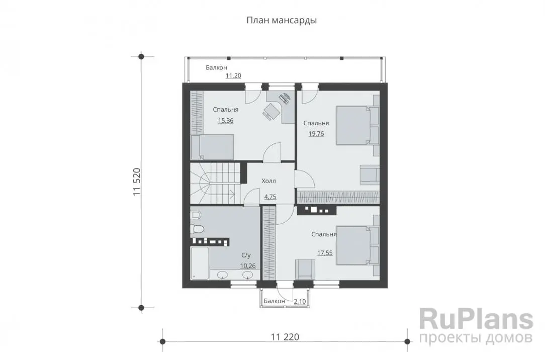 Проект дома с мансардой 140 м², 9,4 × 9,4 м — Мансарда