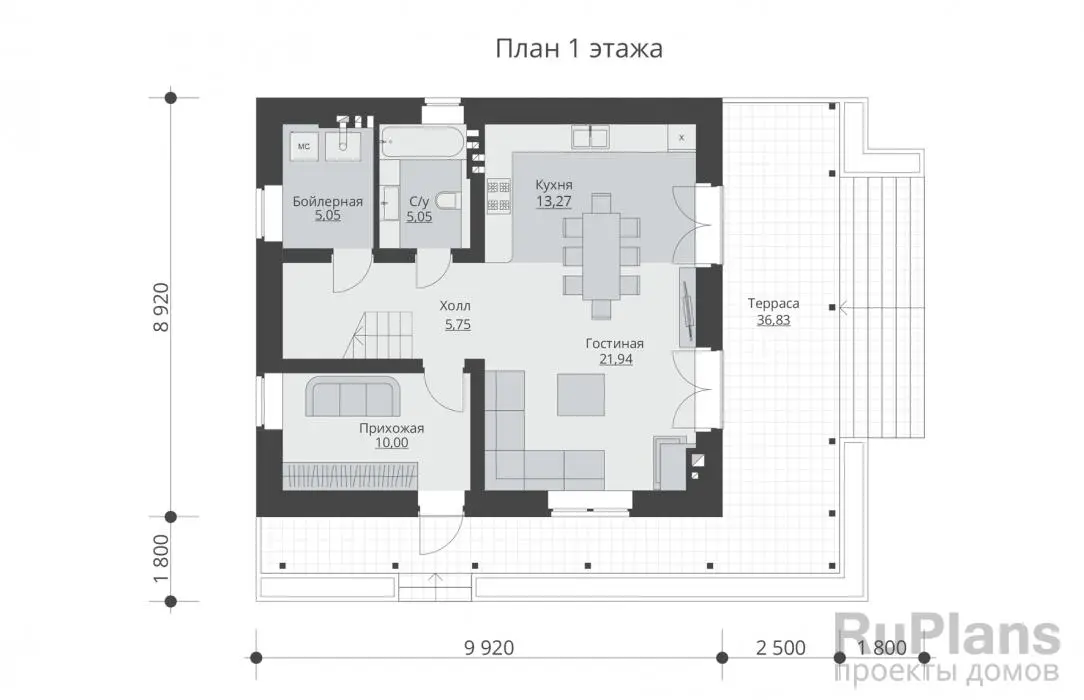 Проект дома с мансардой 140 м², 10,7 × 12,4 м — Первый этаж