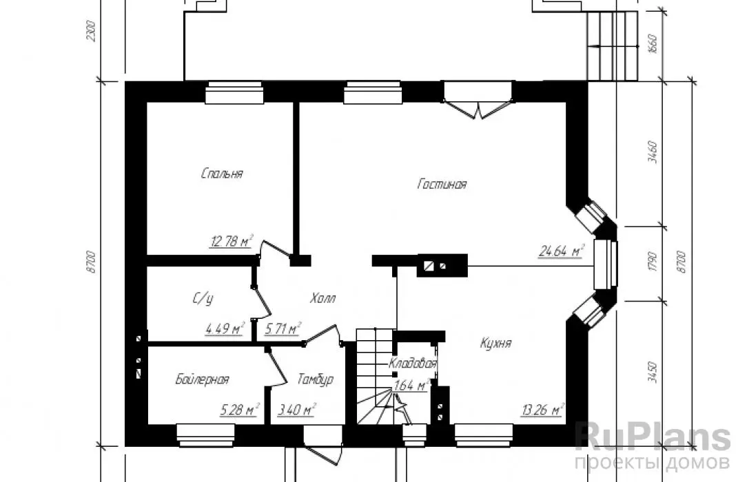 Проект дома с мансардой 141 м², 8,7 × 11 м — Первый этаж