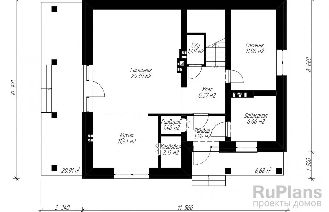 Проект дома с мансардой 141 м², 10,2 × 13,9 м — Первый этаж