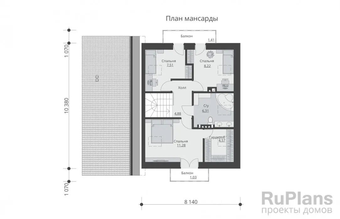Проект дома с мансардой 141 м², 10,4 × 12,5 м — Мансарда
