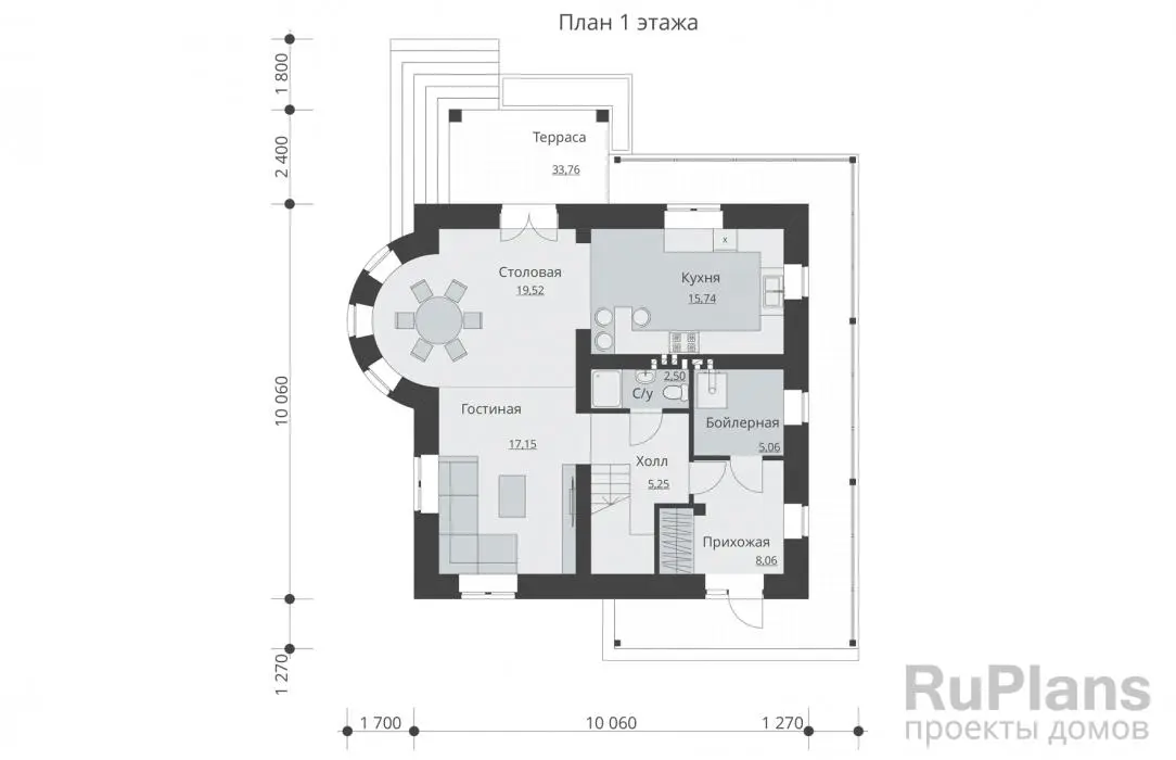Проект дома с мансардой 142 м², 10,1 × 10,1 м — Первый этаж