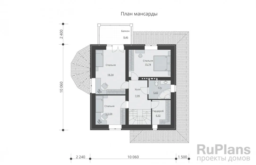 Проект дома с мансардой 142 м², 10,1 × 10,1 м — Мансарда