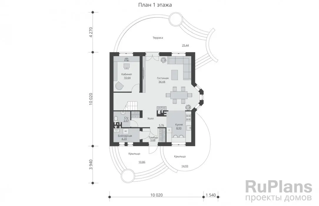Проект дома с мансардой 142 м², 10 × 10 м — Первый этаж