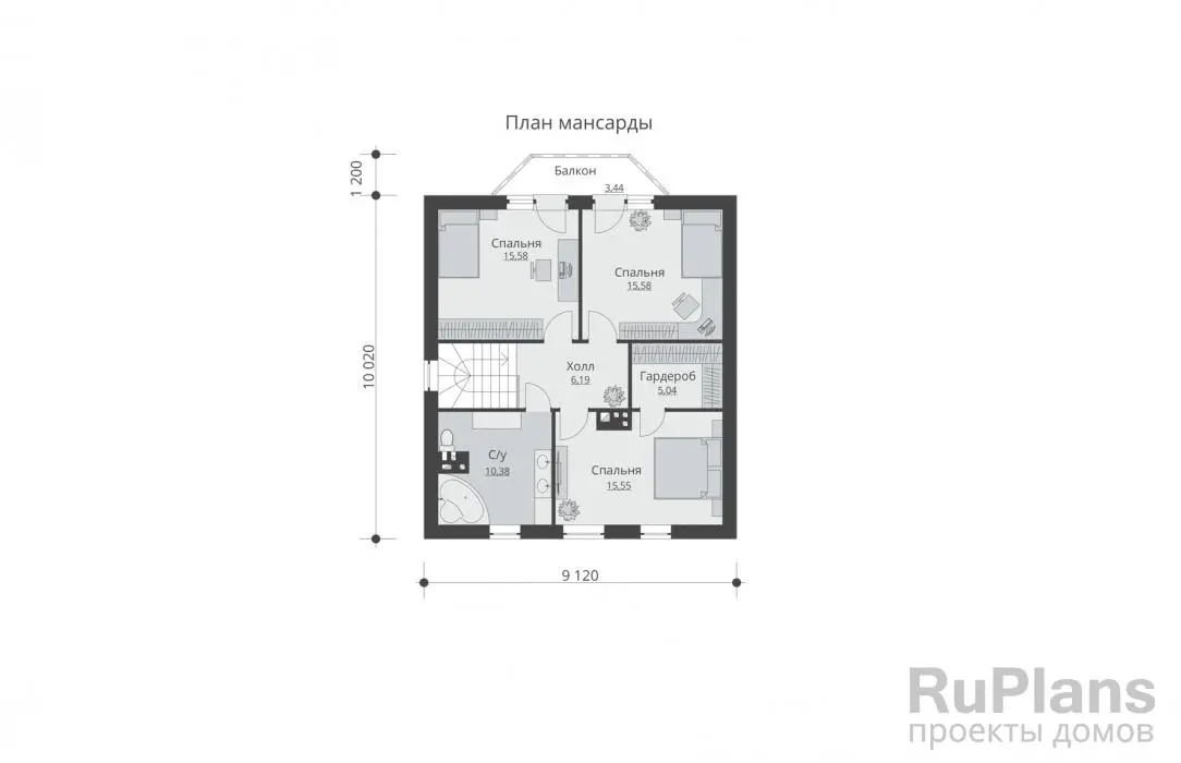 Проект дома с мансардой 142 м², 10 × 10 м — Мансарда