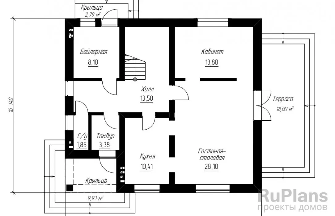 Проект дома с мансардой 145 м², 11,4 × 10,1 м — Первый этаж