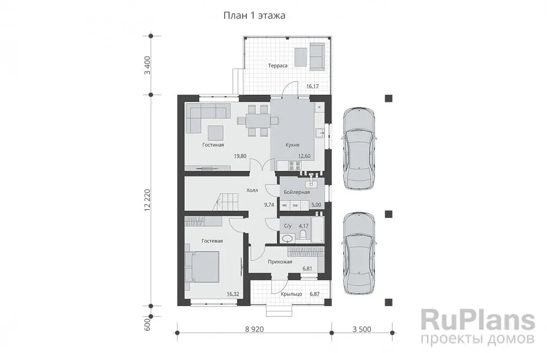 Проект дома с мансардой 145 м², 15,6 × 12,4 м — Первый этаж