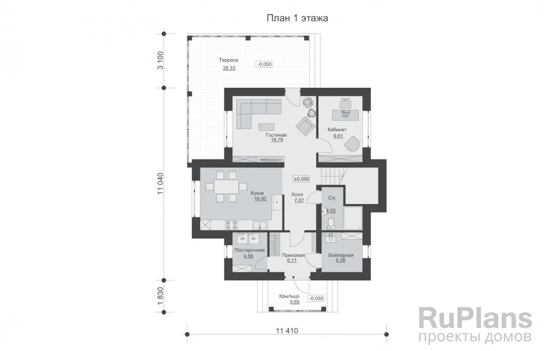Проект дома с мансардой 145 м², 15 × 11,4 м — Первый этаж