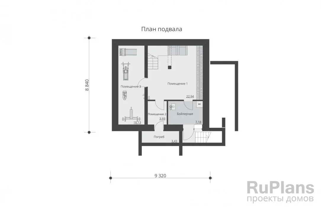 Проект дома с мансардой 146 м², 11,8 × 10,9 м — Цокольный этаж