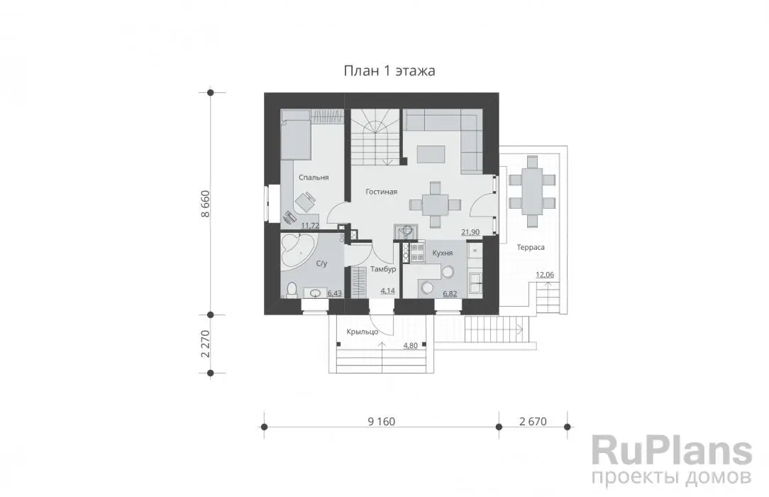 Проект дома с мансардой 146 м², 11,8 × 10,9 м — Первый этаж