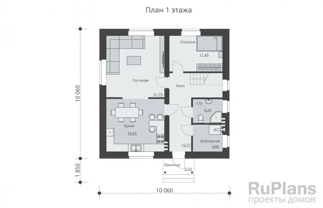 Проект дома с мансардой 147 м², 10,1 × 10,1 м — Первый этаж