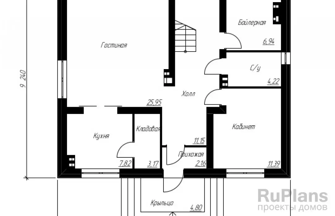 Проект дома с мансардой 149 м², 10,9 × 9,2 м — Первый этаж