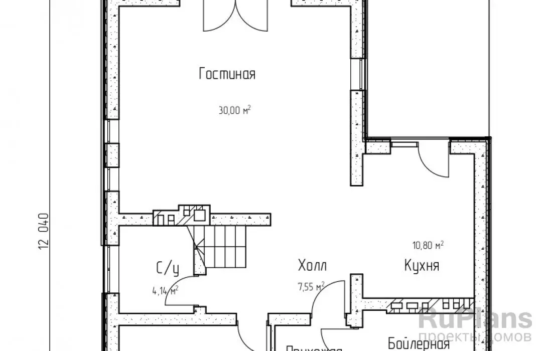 Проект дома с мансардой 151 м², 12 × 9,7 м — Первый этаж