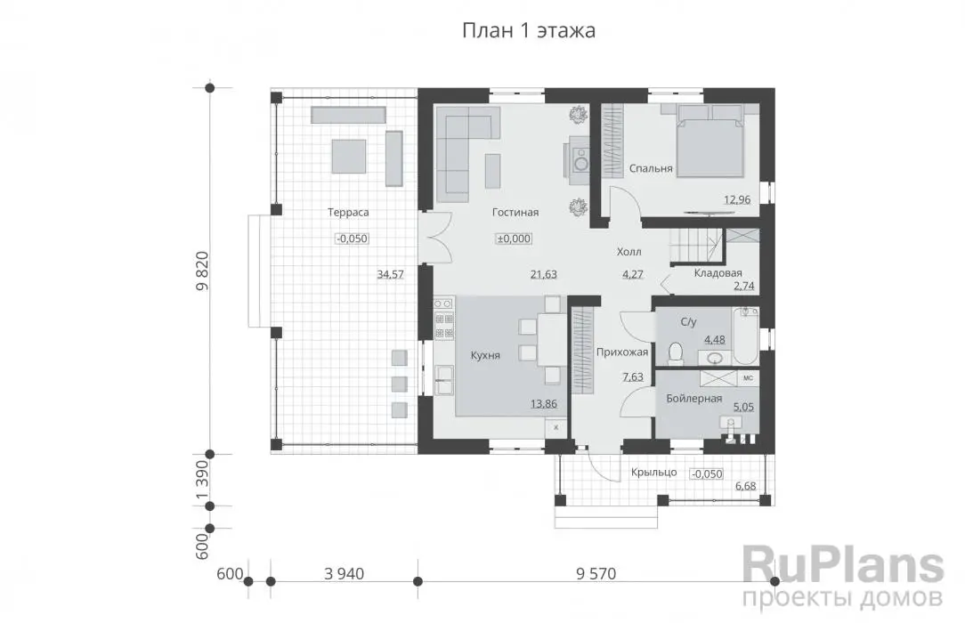 Проект дома с мансардой 152 м², 11,8 × 14,1 м — Первый этаж