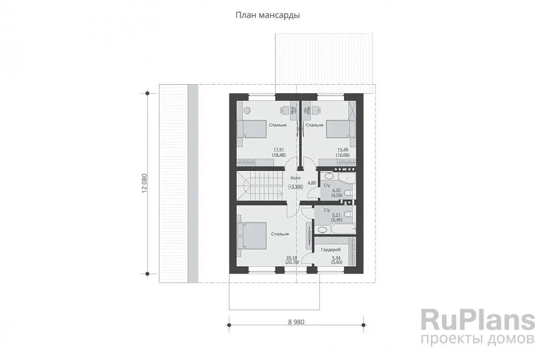 Проект дома с мансардой 152 м², 17,3 × 13,1 м — Мансарда