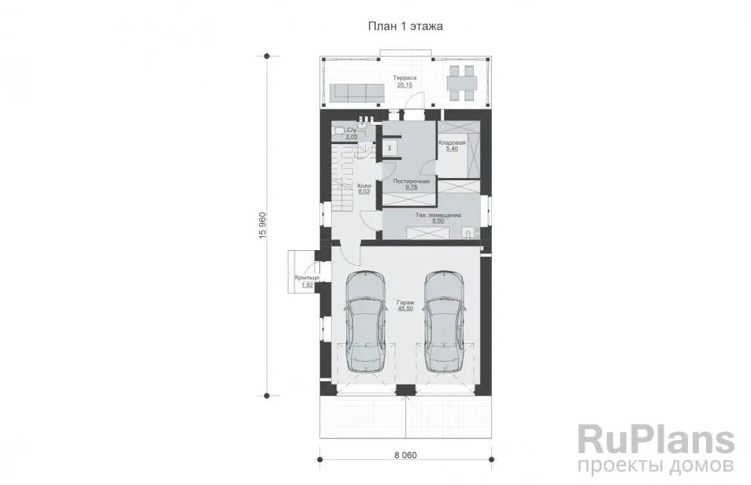 Проект дома с мансардой 153 м², 8,1 × 15 м — Первый этаж