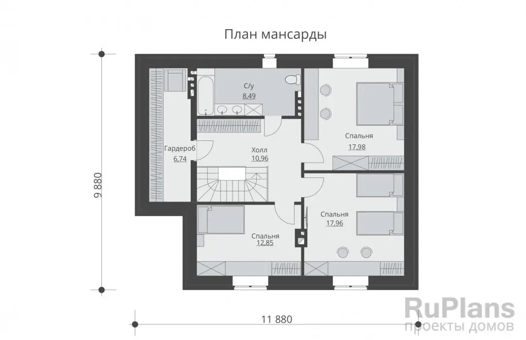 Проект дома с мансардой 154 м², 9,9 × 11,9 м — Мансарда
