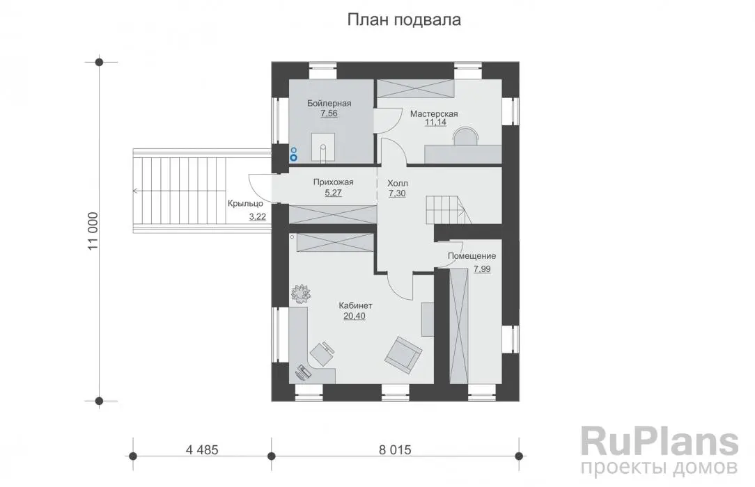 Проект дома с мансардой 155 м², 11 × 12,5 м — Цокольный этаж
