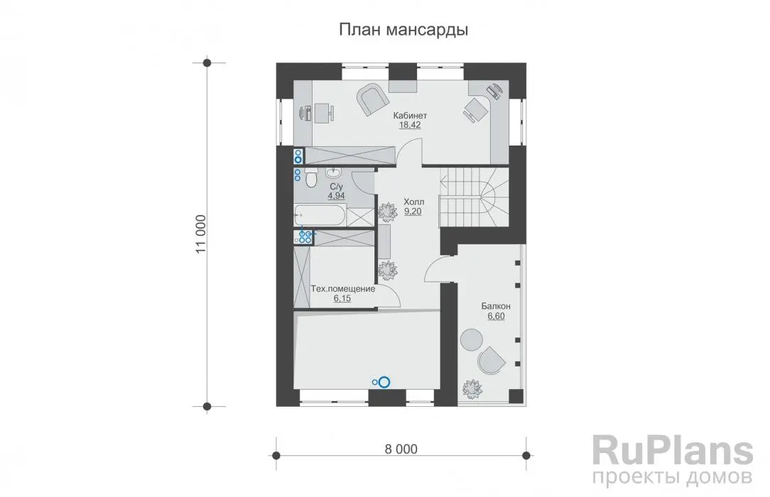 Проект дома с мансардой 155 м², 11 × 12,5 м — Мансарда