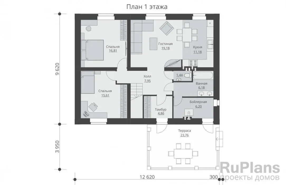 Проект дома с мансардой 156 м², 9,6 × 12,6 м — Первый этаж