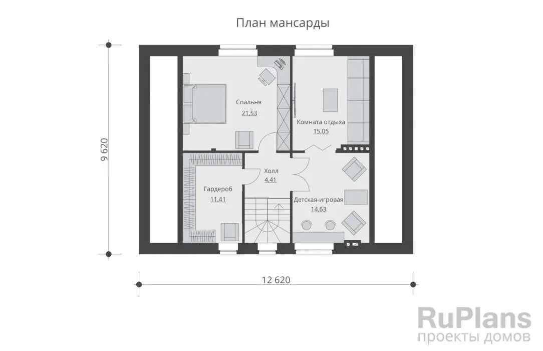 Проект дома с мансардой 156 м², 9,6 × 12,6 м — Мансарда