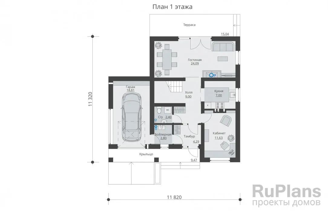 Проект дома с мансардой 157 м², 11,3 × 11,8 м — Первый этаж