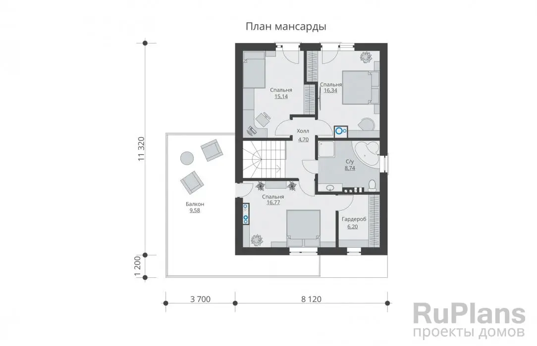 Проект дома с мансардой 157 м², 11,3 × 11,8 м — Мансарда