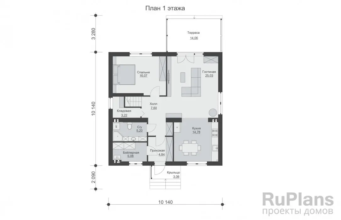 Проект дома с мансардой 157 м², 15,5 × 10,1 м — Первый этаж