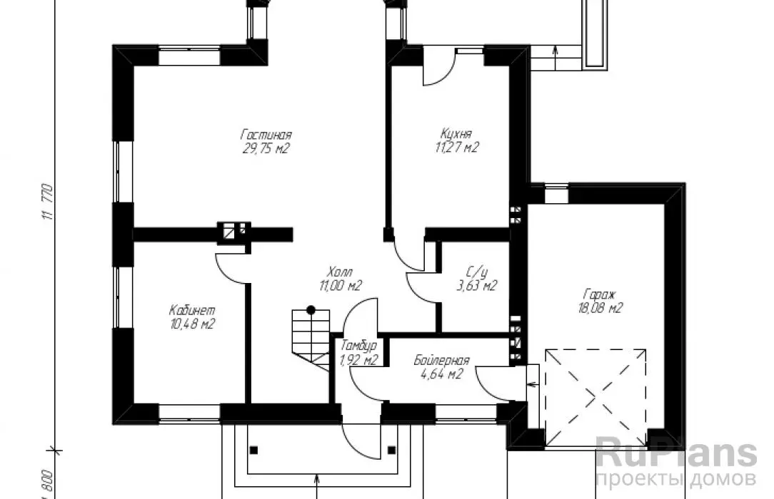 Проект дома с мансардой 158 м², 14,8 × 13,6 м — Первый этаж