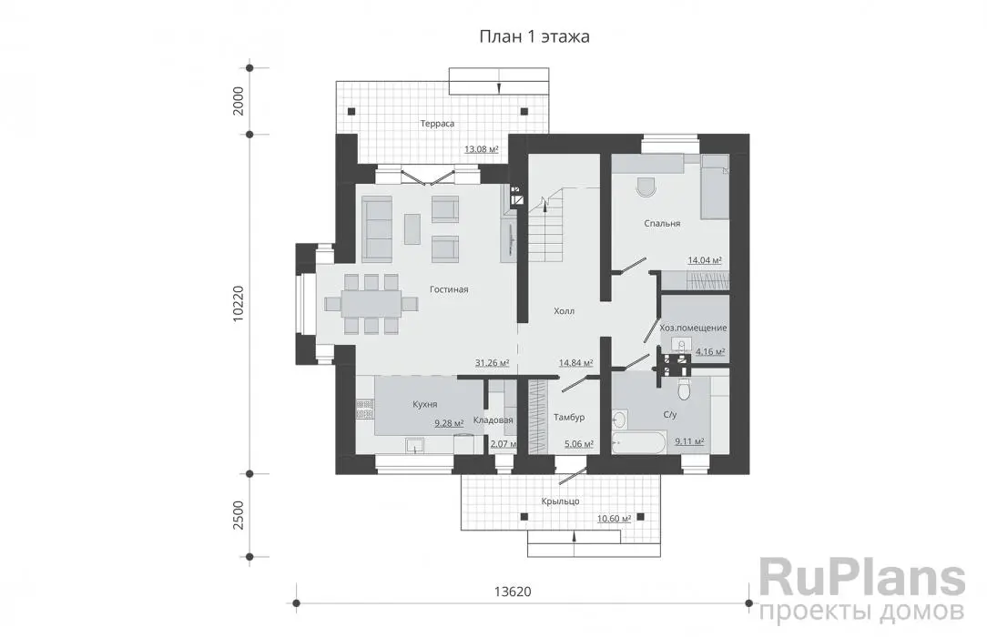 Проект дома с мансардой 158 м², 13,6 × 14,7 м — Первый этаж