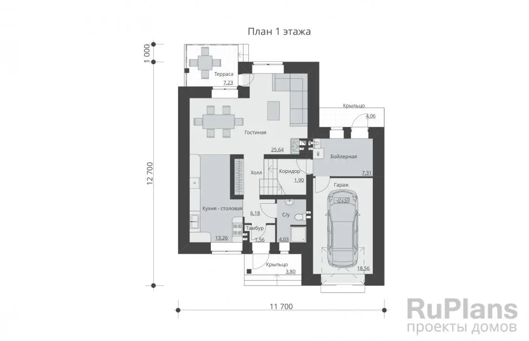 Проект дома с мансардой 158 м², 11,7 × 12,7 м — Первый этаж