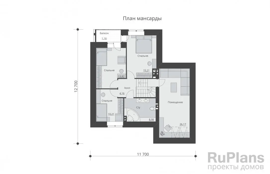 Проект дома с мансардой 158 м², 11,7 × 12,7 м — Мансарда