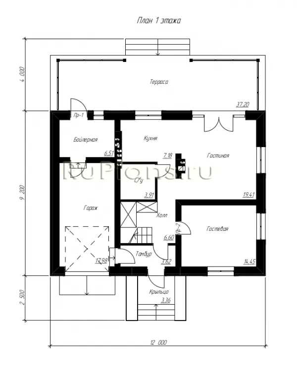 Проект дома с мансардой 162 м², 12 × 9 м — Первый этаж