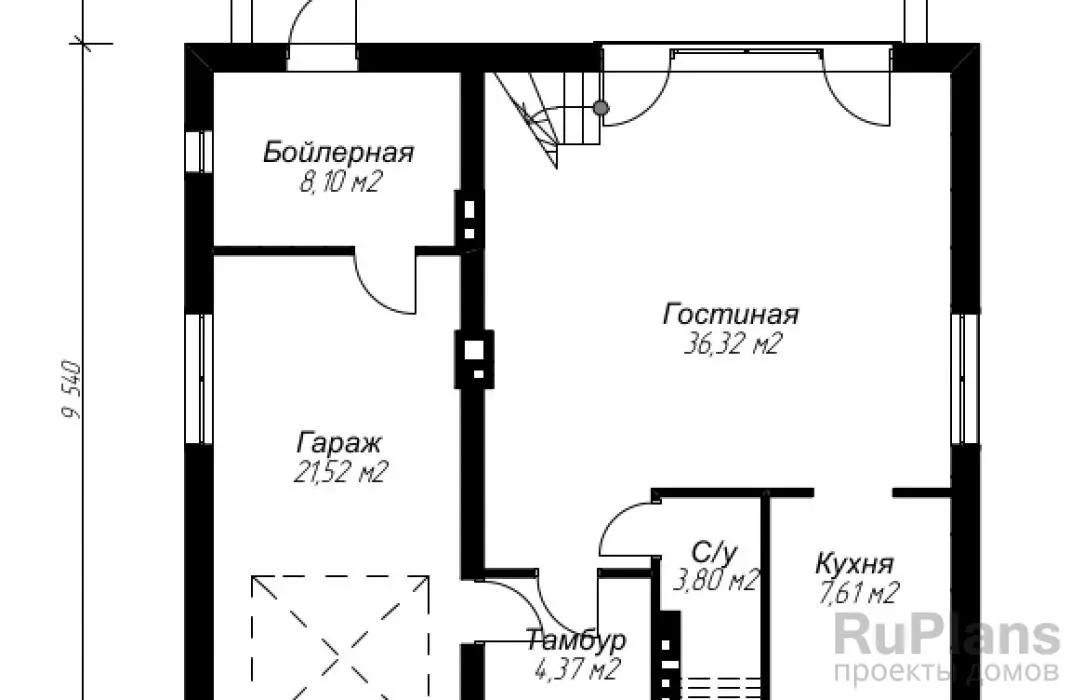 Проект дома с мансардой 163 м², 9,5 × 10,8 м — Первый этаж