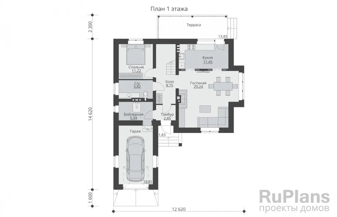 Проект дома с мансардой 165 м², 16,9 × 12,6 м — Первый этаж