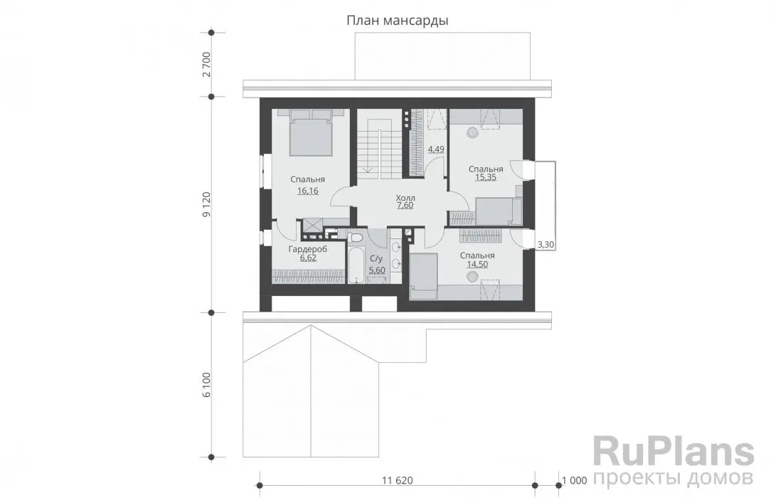 Проект дома с мансардой 165 м², 16,9 × 12,6 м — Мансарда