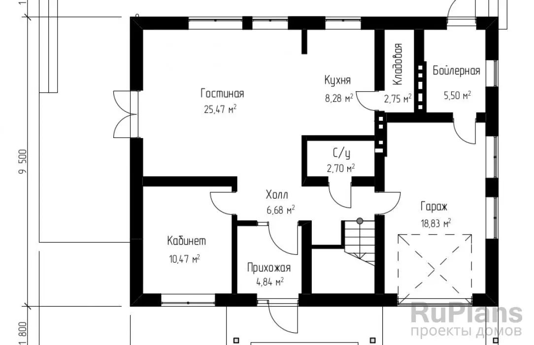 Проект дома с мансардой 166 м², 9,5 × 12,1 м — Первый этаж
